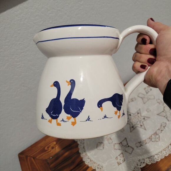 Vintage Cream white milk pitcher small Blue Geese Cottage Grandma Goose Ceramic - Picture 2 of 9